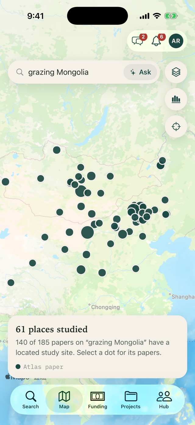 The COMPASS ID app on iPhone: a map of 61 places studied in papers on grazing in Mongolia.