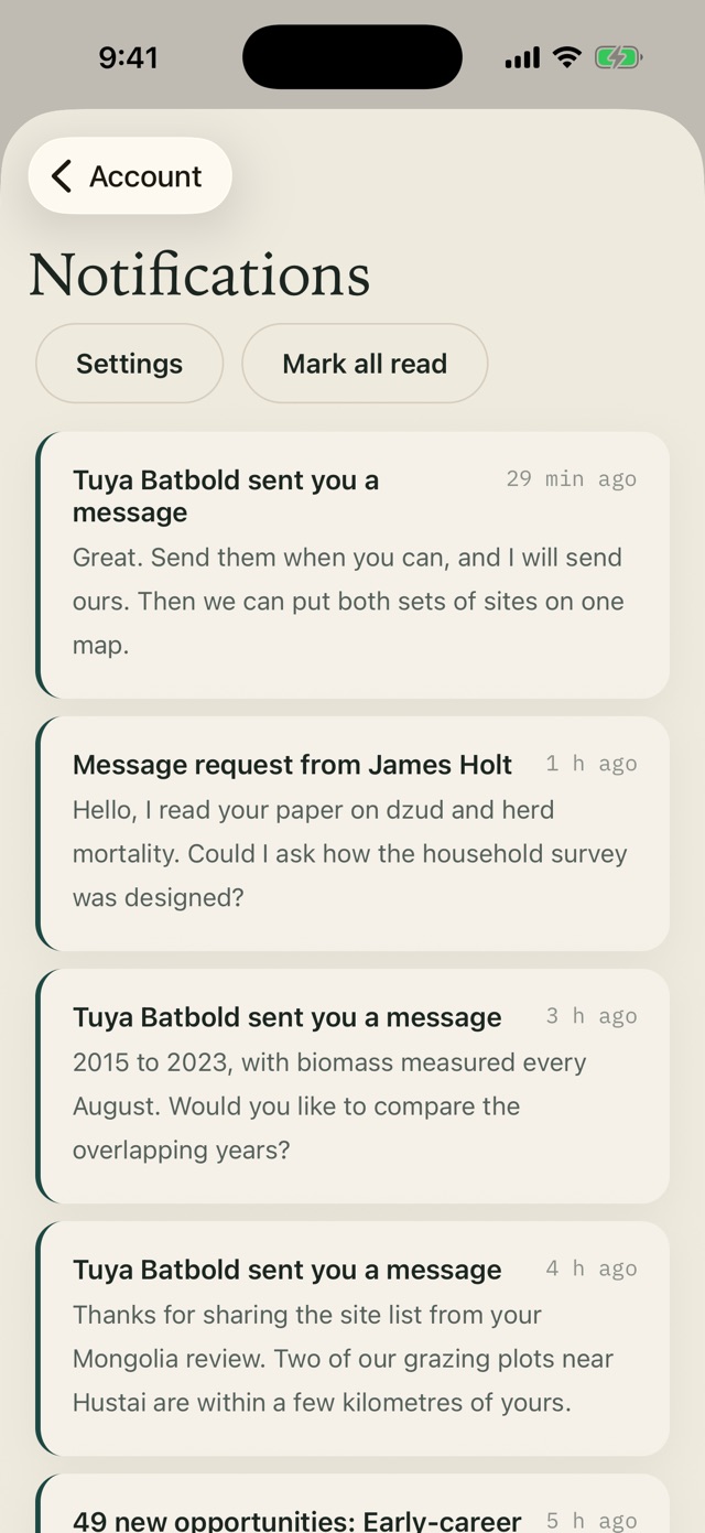 The COMPASS ID app on iPhone: notifications for new messages, a message request, and new papers and funding matching saved searches.