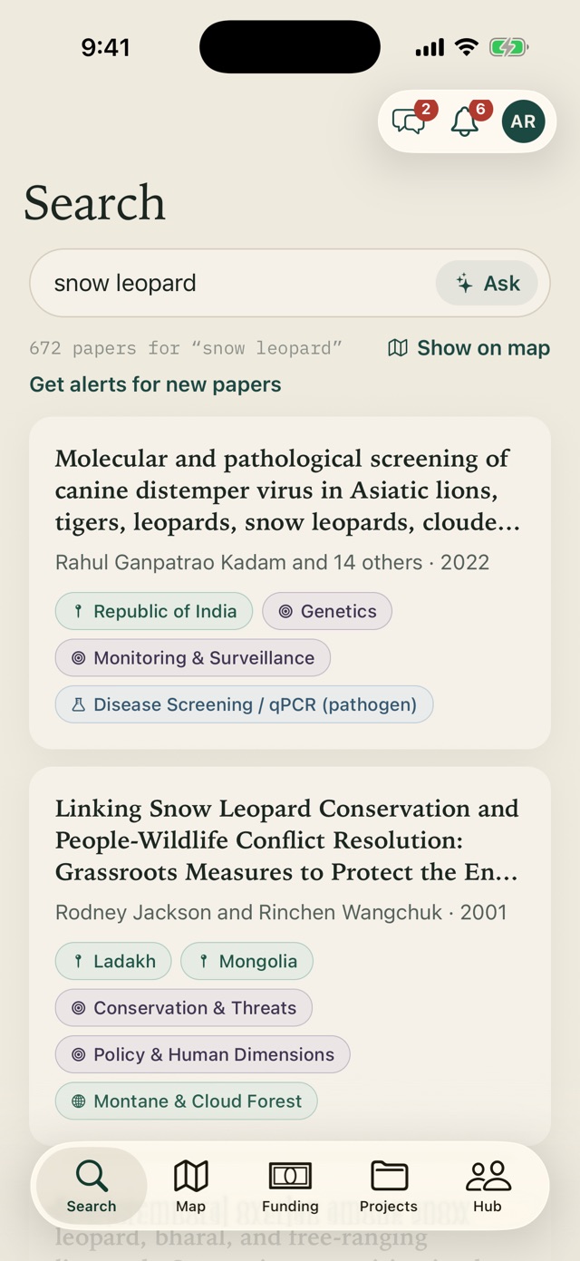 The COMPASS ID app on iPhone: a search for snow leopard with 672 papers, each with its study places and coloured tags.